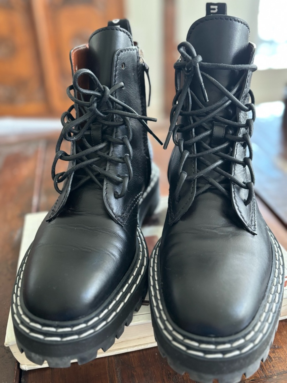 Proenza Schouler Black Leather Lug-Soled Combat Boots